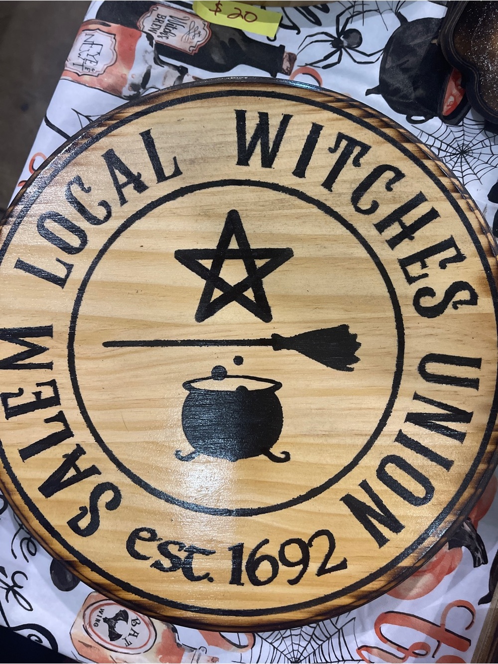 Local Witches Union Round Wooden Sign - Natural Wood & Black